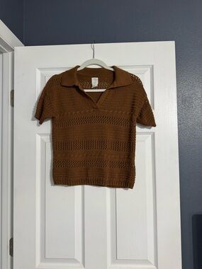 Brown Crochet Knit Polo Top from Joie